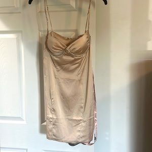 Oh Polly Mini Satin Rhinestone dress Tan, champagne color